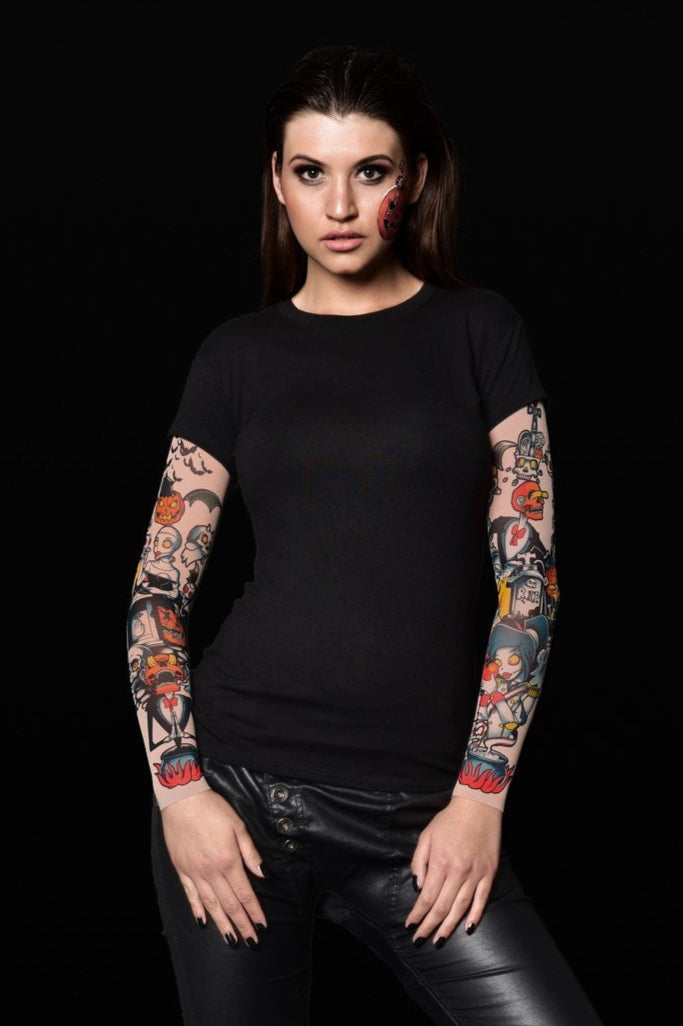 Pumpkin Halloween T-shirt for women with pumpkin tattoo sleeves, perfect for Halloween parties or as a fun, spooky top.
