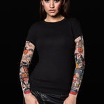 Pumpkin Halloween T-shirt for women with pumpkin tattoo sleeves, perfect for Halloween parties or as a fun, spooky top.