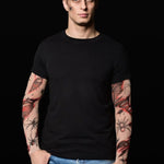 Spiders Halloween T-shirt for men featuring spiderweb and bloody tattoo sleeves, perfect for Halloween parties or as a spooky casual top.