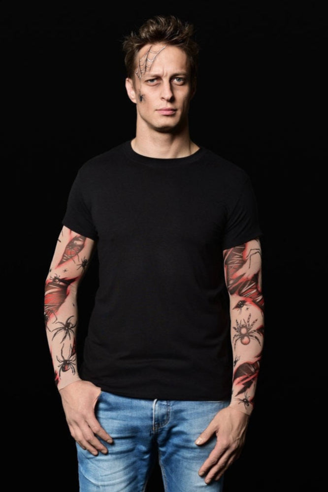 Spiders Halloween T-shirt for men featuring spiderweb and bloody tattoo sleeves, perfect for Halloween parties or as a spooky casual top.