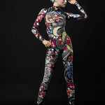 Yakuza Style Geisha Halloween costume for women, featuring a full-body catsuit with Japanese tattoo-inspired design, perfect for Halloween or cosplay events.