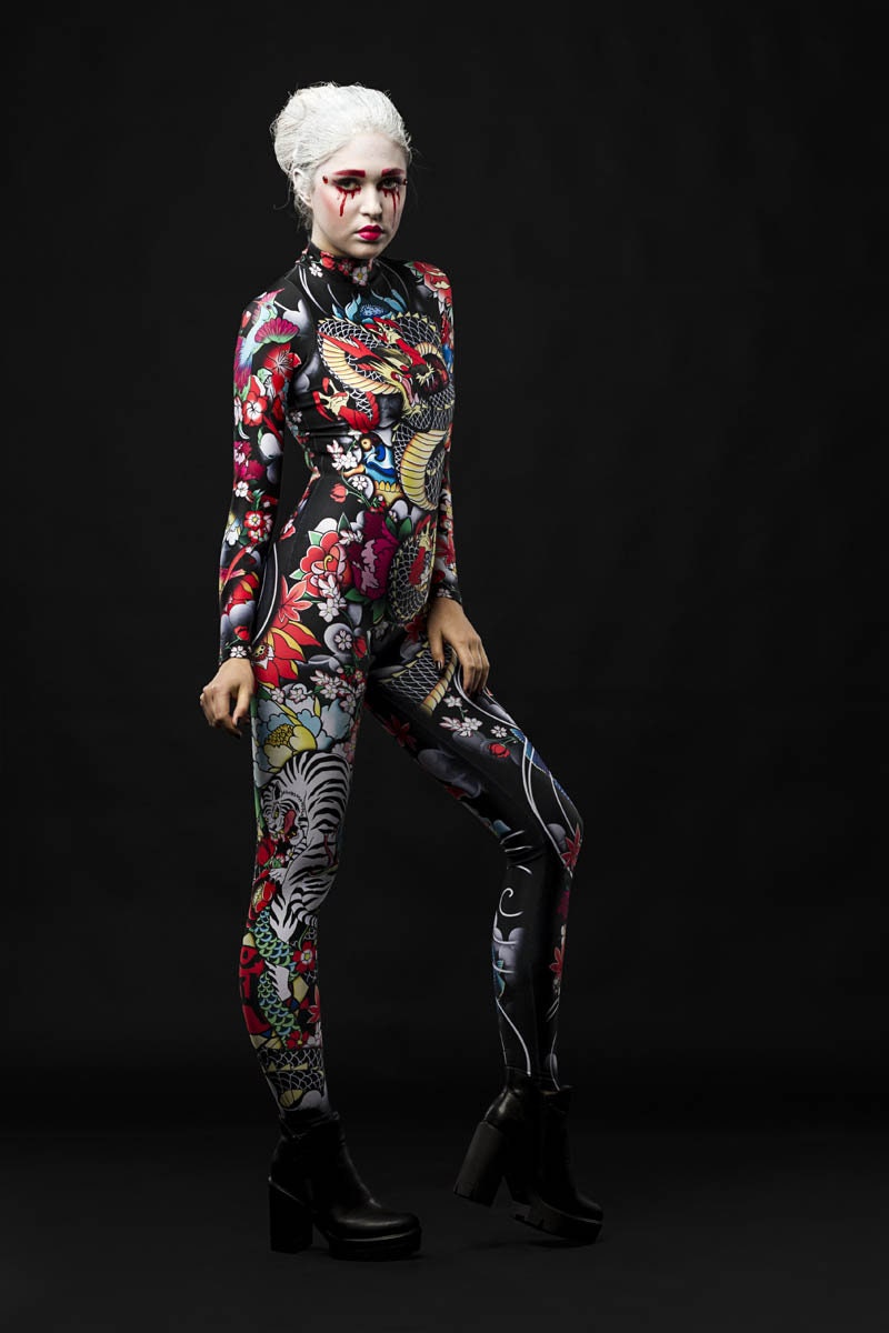 Yakuza Style Geisha Halloween costume for women, featuring a full-body catsuit with Japanese tattoo-inspired design, perfect for Halloween or cosplay events.