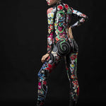 Close-up of the intricate Japanese tattoo-style design on the Yakuza Geisha Halloween catsuit, ideal for a bold and unique Halloween look.