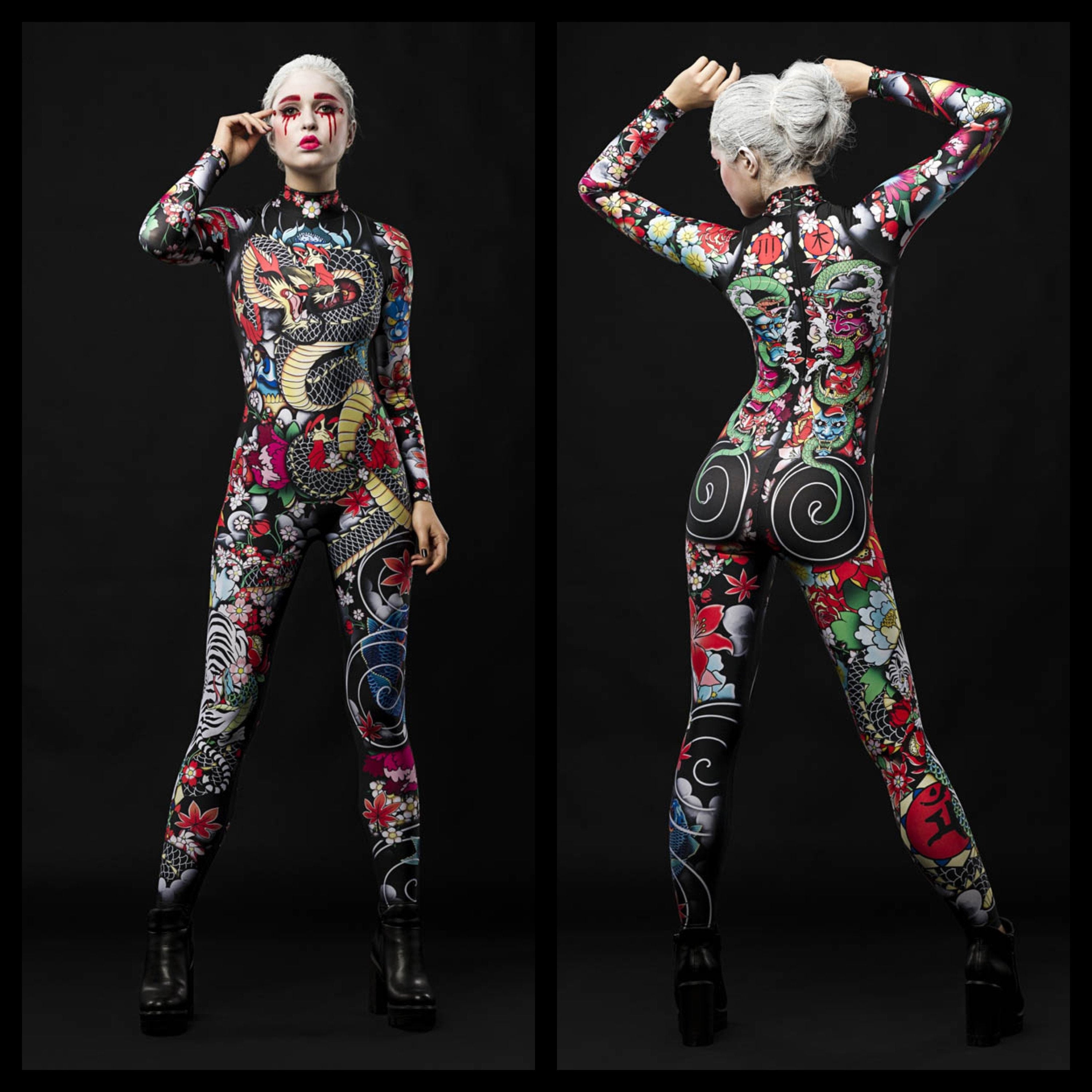 Woman posing in the Yakuza Style Geisha Halloween catsuit, highlighting the detailed Japanese tattoo-inspired patterns, great for Halloween or as a standout cosplay outfit.