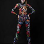 Tattoo Style Halloween costume for women, featuring a full-body catsuit with tiger, skull, and butterfly designs, perfect for Halloween parties or festival cosplay.