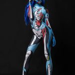 Model posing in the Zombie Skeleton Halloween costume, highlighting the blue comic-style skeleton and zombie design, great for Halloween parties or as a standout cosplay outfit.