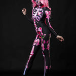 Woman posing in the Pink Sugar Skull Skeleton Halloween costume, highlighting the vibrant pastel pink skeleton design and sugar skull theme, great for Halloween or as a unique festival outfit.