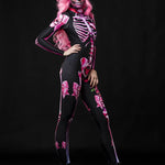 Pink Sugar Skull Skeleton Halloween costume for women, featuring a pastel pink skeleton catsuit with sugar skull details, perfect for Halloween or Day of the Dead celebrations.