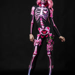 Pink Sugar Skull Skeleton Halloween costume for women, featuring a pastel pink skeleton catsuit with sugar skull details, perfect for Halloween or Day of the Dead celebrations.