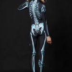 Close-up of the skeleton and moth design on the Lady Moth catsuit, ideal for a bold Halloween look or gothic fashion festival wear.
