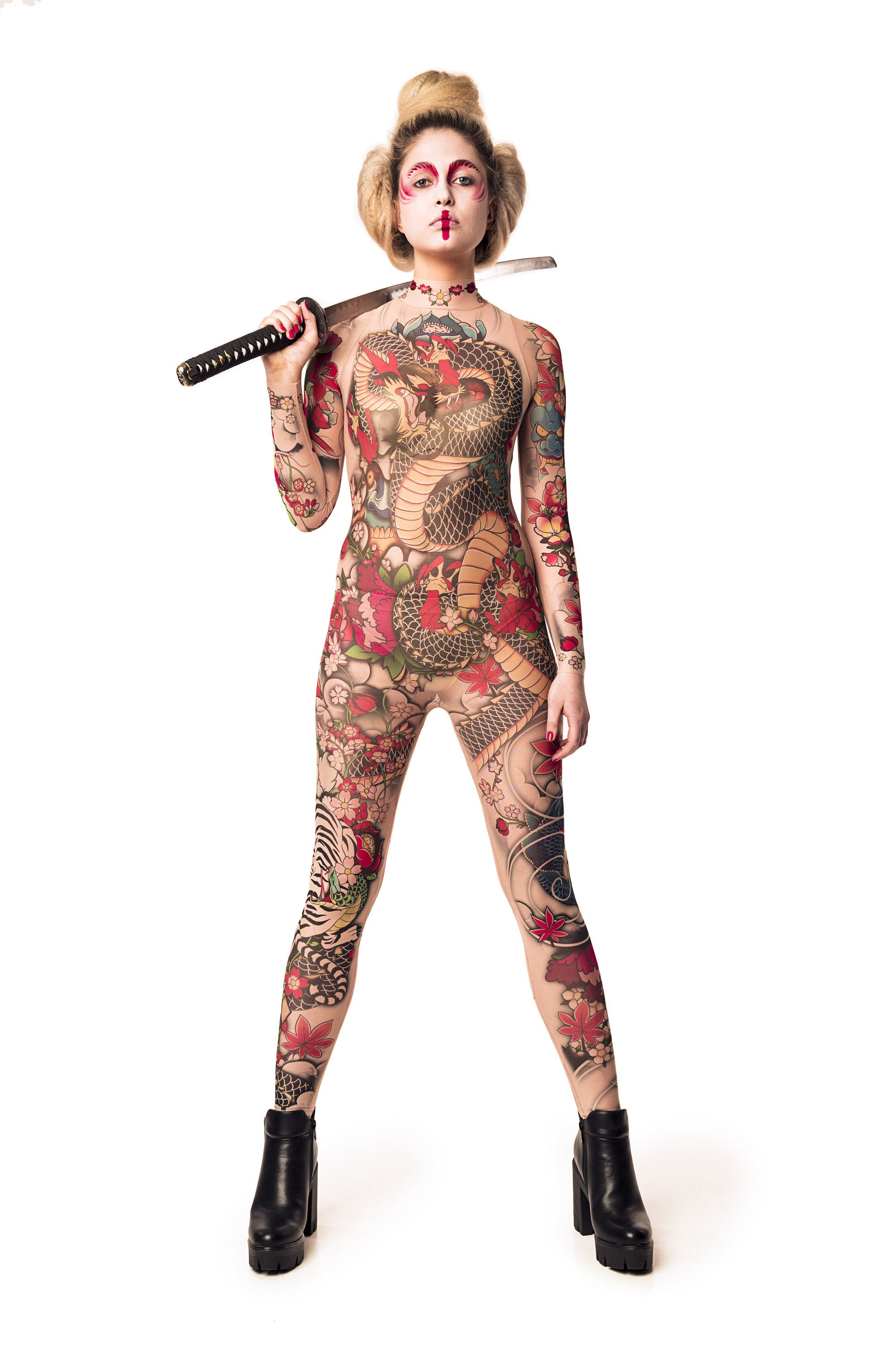 Full front view of YAKUZA STYLE tattoo catsuit for women, confident and powerful pose.