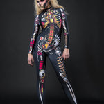 Close-up of the detailed steampunk-inspired skeleton and mechanical design on the catsuit, ideal for a unique Halloween or steampunk festival look.
