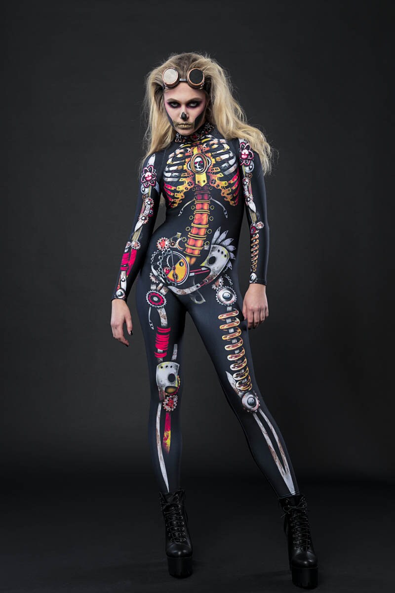 Steampunk Skeleton Halloween costume for women, featuring a full-body skeleton catsuit with steampunk mechanics design, perfect for Halloween or cosplay events.
