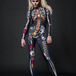 Steampunk Skeleton Halloween costume for women, featuring a full-body skeleton catsuit with steampunk mechanics design, perfect for Halloween or cosplay events.