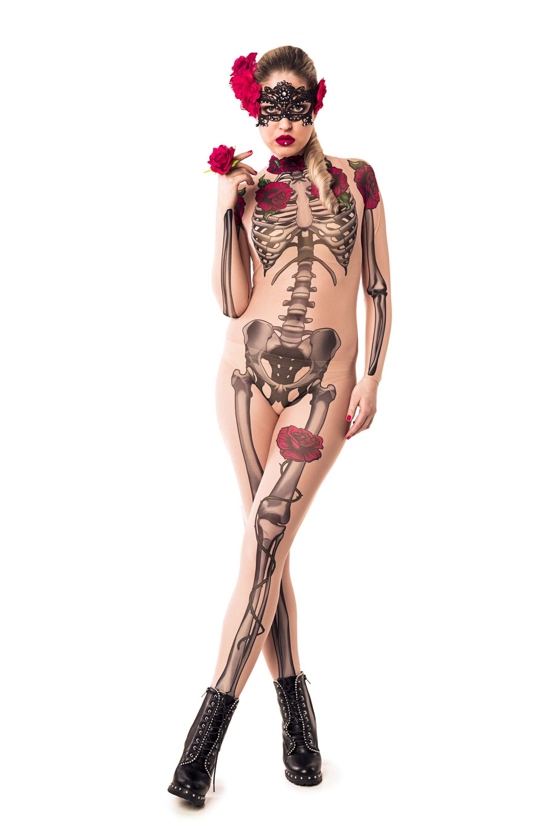 Romantic front view of LADY DEATH Tattoo Skeleton Catsuit for Women – highlighting the delicate rose motif on the chest.