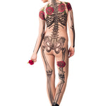 Romantic back view of LADY DEATH Tattoo Skeleton Catsuit for Women – focusing on the elegant rose and spine tattoo design.