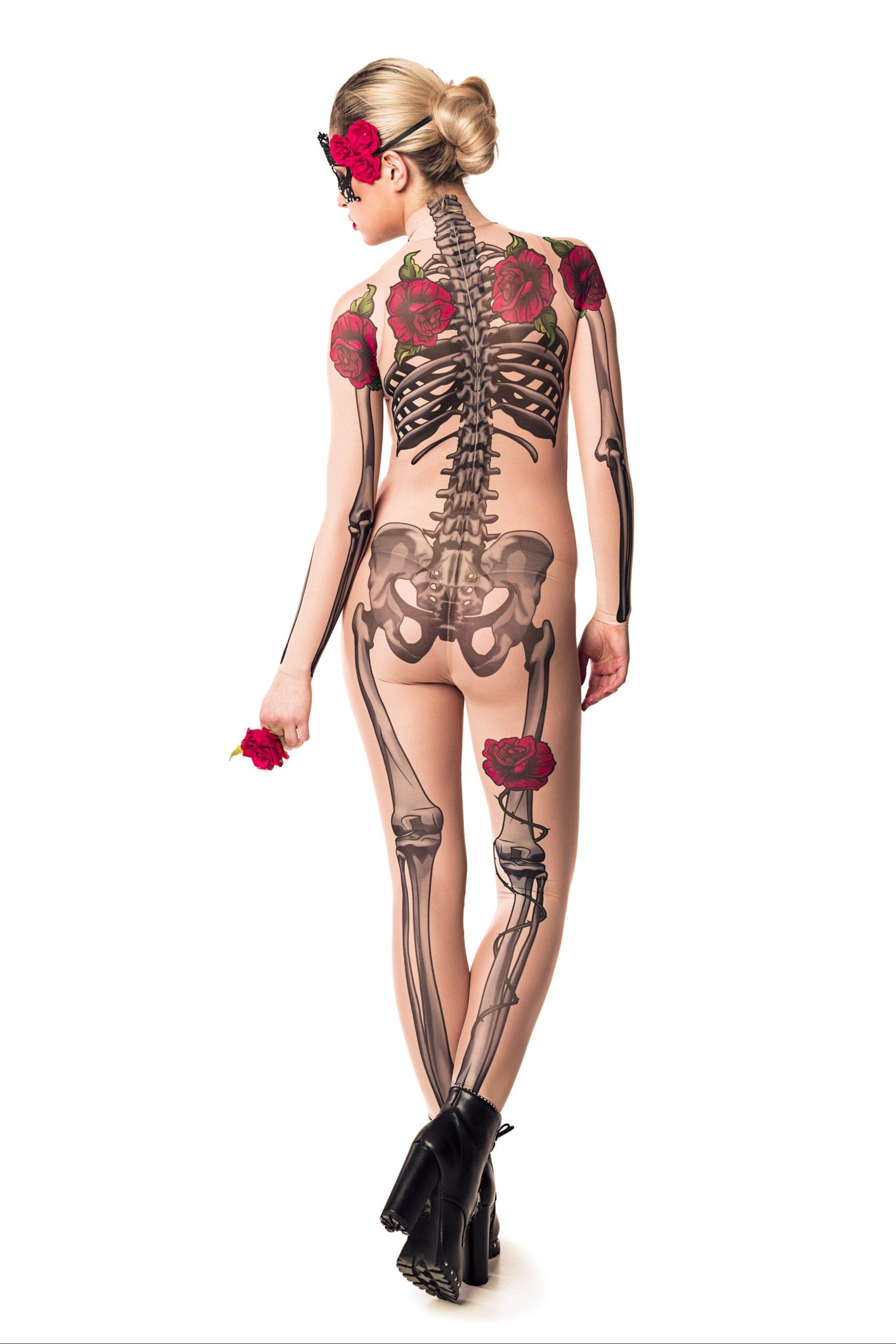 Romantic back view of LADY DEATH Tattoo Skeleton Catsuit for Women – focusing on the elegant rose and spine tattoo design.