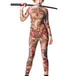 Yakuza Style tattoo catsuit, styled with a sword – perfect for Halloween or festival events.