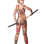 Back view Yakuza Style tattoo costume – full-body mesh catsuit with Japanese tattoo design, model with sword.