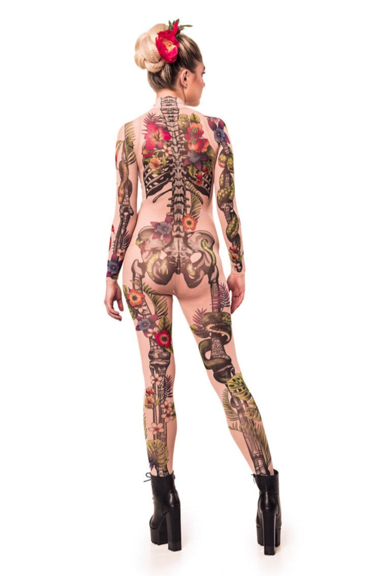 Full back view of JUNGLE SNAKES Tattoo Skeleton Catsuit for Women – highlighting the flowing snake motifs along the spine and legs.