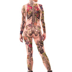Full back view of JUNGLE SNAKES Tattoo Skeleton Catsuit for Women – highlighting the flowing snake motifs along the spine and legs.