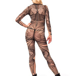 Full back view of HYPNOTIC STYLE Tattoo Catsuit for Women – showcasing intricate tattoo-style details across the back.