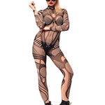 Full front view of HYPNOTIC STYLE Tattoo Catsuit for Women – model wearing a cat mask, highlighting the bold, hypnotic tattoo design and sleek fit.