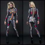 Woman posing in the Steampunk Skeleton Halloween costume, highlighting the intricate steampunk mechanical skeleton design, great for Halloween parties or as a standout festival outfit.