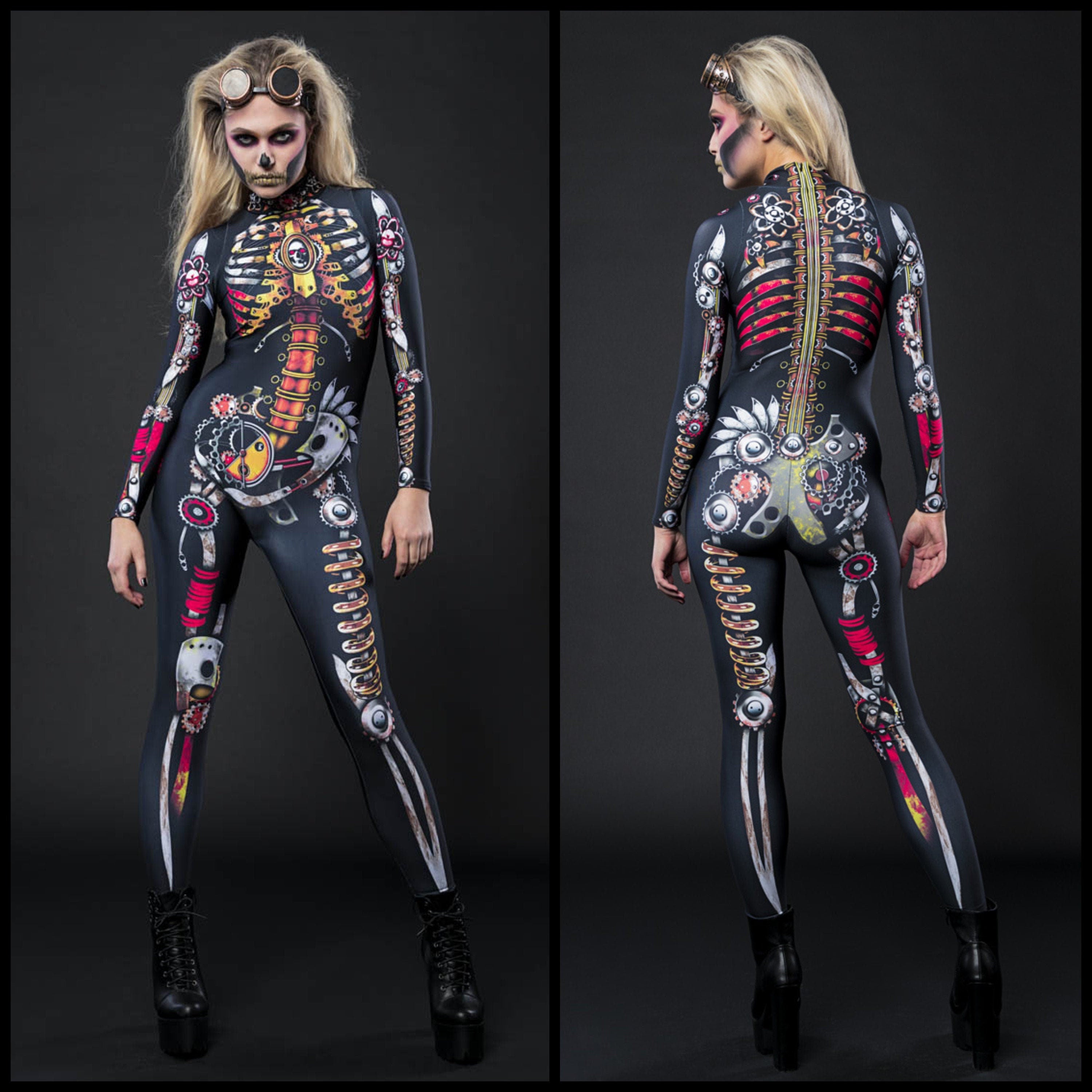 Woman posing in the Steampunk Skeleton Halloween costume, highlighting the intricate steampunk mechanical skeleton design, great for Halloween parties or as a standout festival outfit.