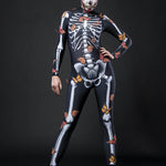 Woman posing in the Lady Butterfly Skeleton costume, showcasing vibrant butterfly wings and a skeleton theme, perfect for Halloween or as a standout festival outfit.
