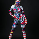Cyberpunk Halloween costume for women, featuring a full-body robotic catsuit with futuristic details, perfect for Halloween parties or cosplay events.