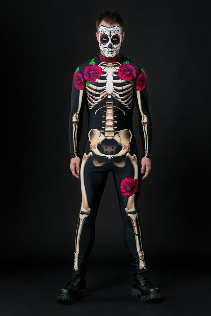 Mr. Death Halloween costume for men, full-body skeleton suit, perfect for Day of the Dead or Halloween celebrations.
