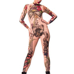 Strong front view of JUNGLE SNAKES Tattoo Skeleton Catsuit for Women – showcasing the fierce snake and floral tattoo design with powerful energy.
