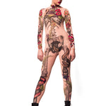 Confident front view of JUNGLE SNAKES Tattoo Skeleton Catsuit for Women – model standing proudly to emphasize strength and boldness.