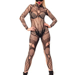 Front view of HYPNOTIC STYLE Tattoo Catsuit for Women – model in cat mask posing confidently with hands on hips, accentuating the tattoo design.