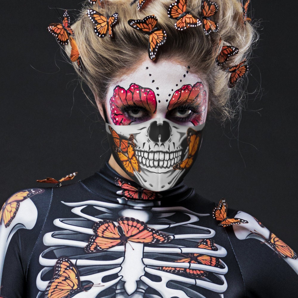 Close-up of the butterfly wings and skeleton design on the Lady Butterfly costume, featuring intricate details, ideal for Halloween or festival fashion. Face mask.