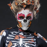 Close-up of the butterfly wings and skeleton design on the Lady Butterfly costume, featuring intricate details, ideal for Halloween or festival fashion. Face mask.