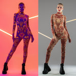 Front collage of DUAL NEON VIBE Tattoo Catsuit alone – displayed in regular and UV-reactive light.