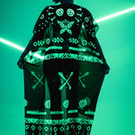 Back view of chiffon kimono over GREEN TRIBAL Tattoo Catsuit – glowing under UV light – mystical and dynamic.