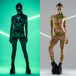 Front collage of GREEN TRIBAL Tattoo Catsuit alone – in regular lighting and glowing under UV light.