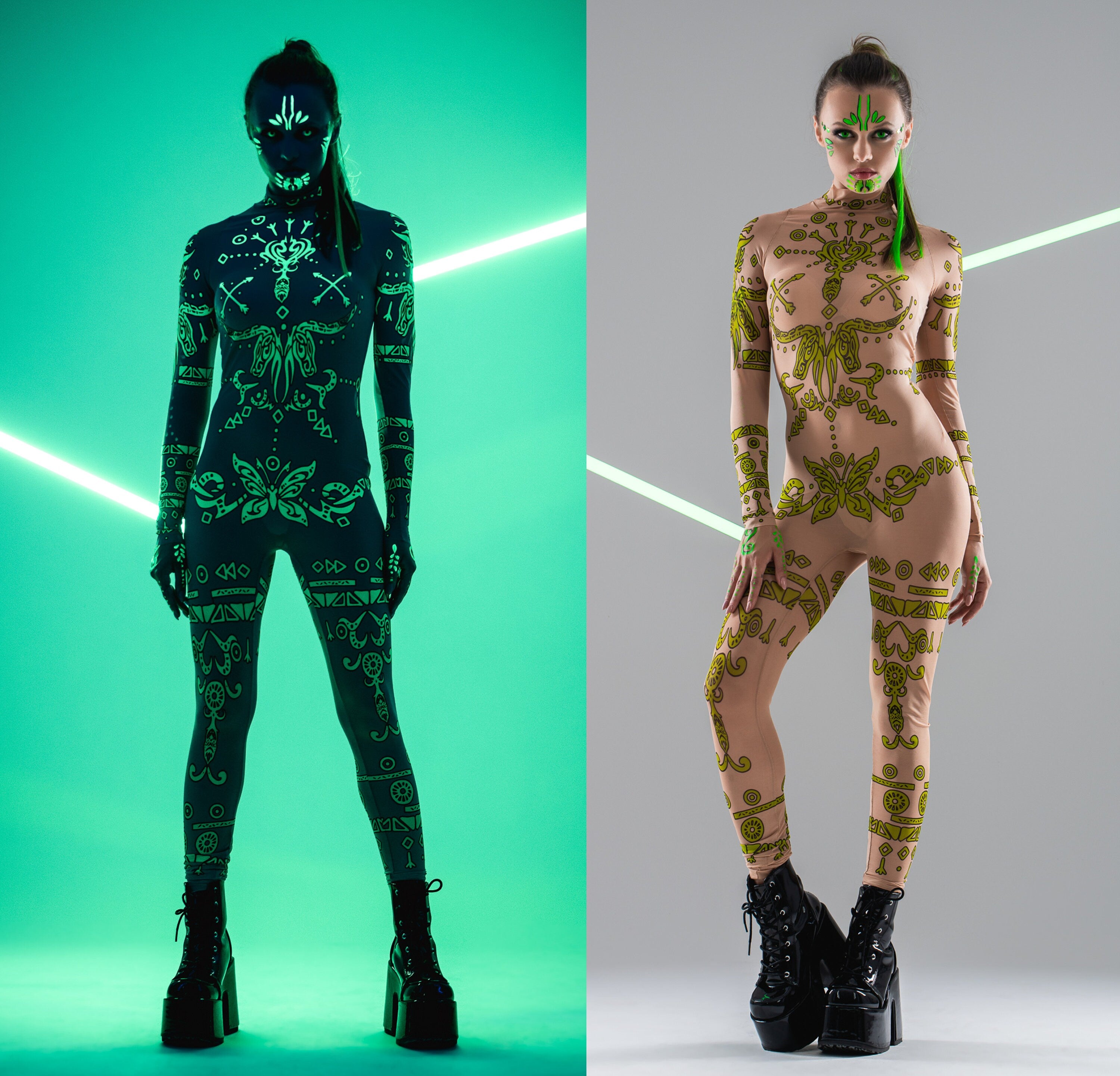 Front collage of GREEN TRIBAL Tattoo Catsuit alone – in regular lighting and glowing under UV light.