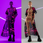 Front collage of PINK TRIBAL Tattoo Catsuit with chiffon kimono – shown in natural and UV-reactive lighting.