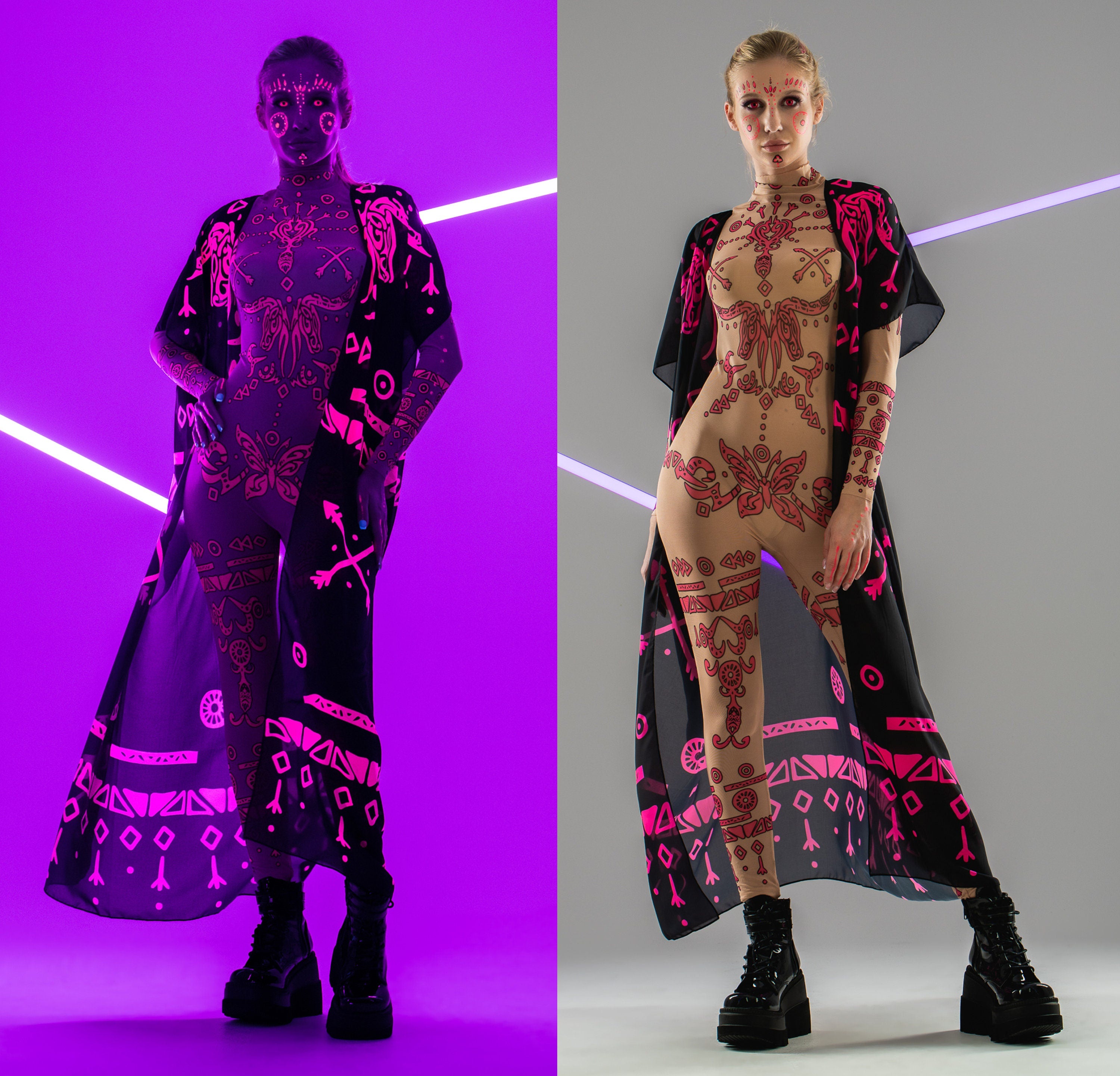 Front collage of PINK TRIBAL Tattoo Catsuit with chiffon kimono – shown in natural and UV-reactive lighting.