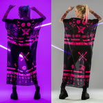 Back collage of chiffon kimono over PINK TRIBAL Tattoo Catsuit – regular and UV-glow views.