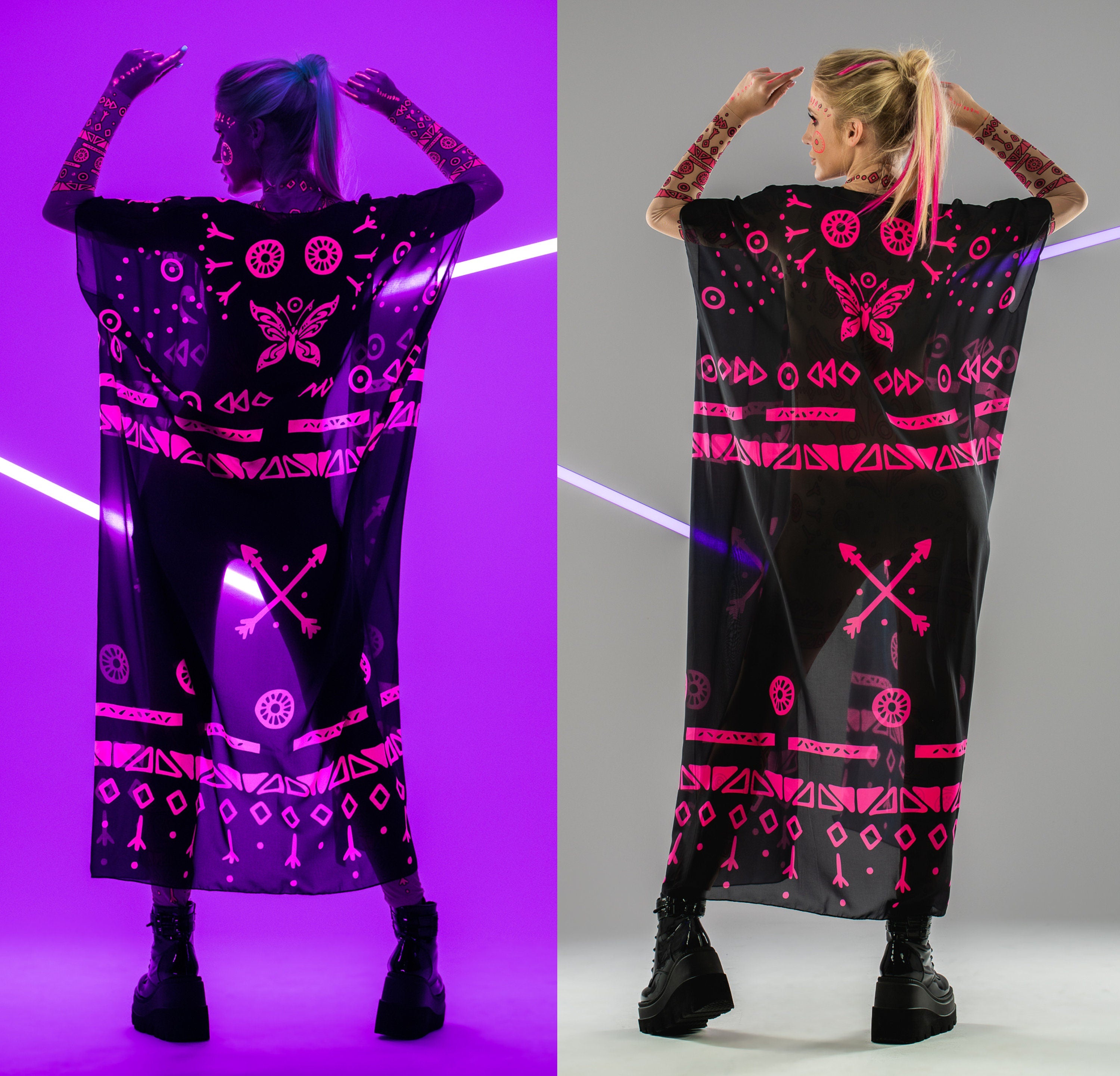 Back collage of chiffon kimono over PINK TRIBAL Tattoo Catsuit – regular and UV-glow views.