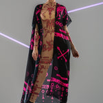 Front view of PINK TRIBAL Tattoo Catsuit with chiffon kimono overlay – combining tribal patterns with a layered look.