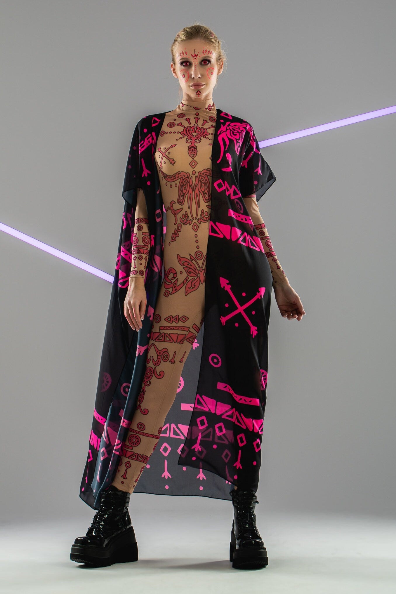 Front view of PINK TRIBAL Tattoo Catsuit with chiffon kimono overlay – combining tribal patterns with a layered look.