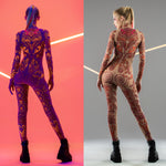 Back collage of DUAL NEON VIBE Tattoo Catsuit – bright tattoo patterns in normal and UV light.