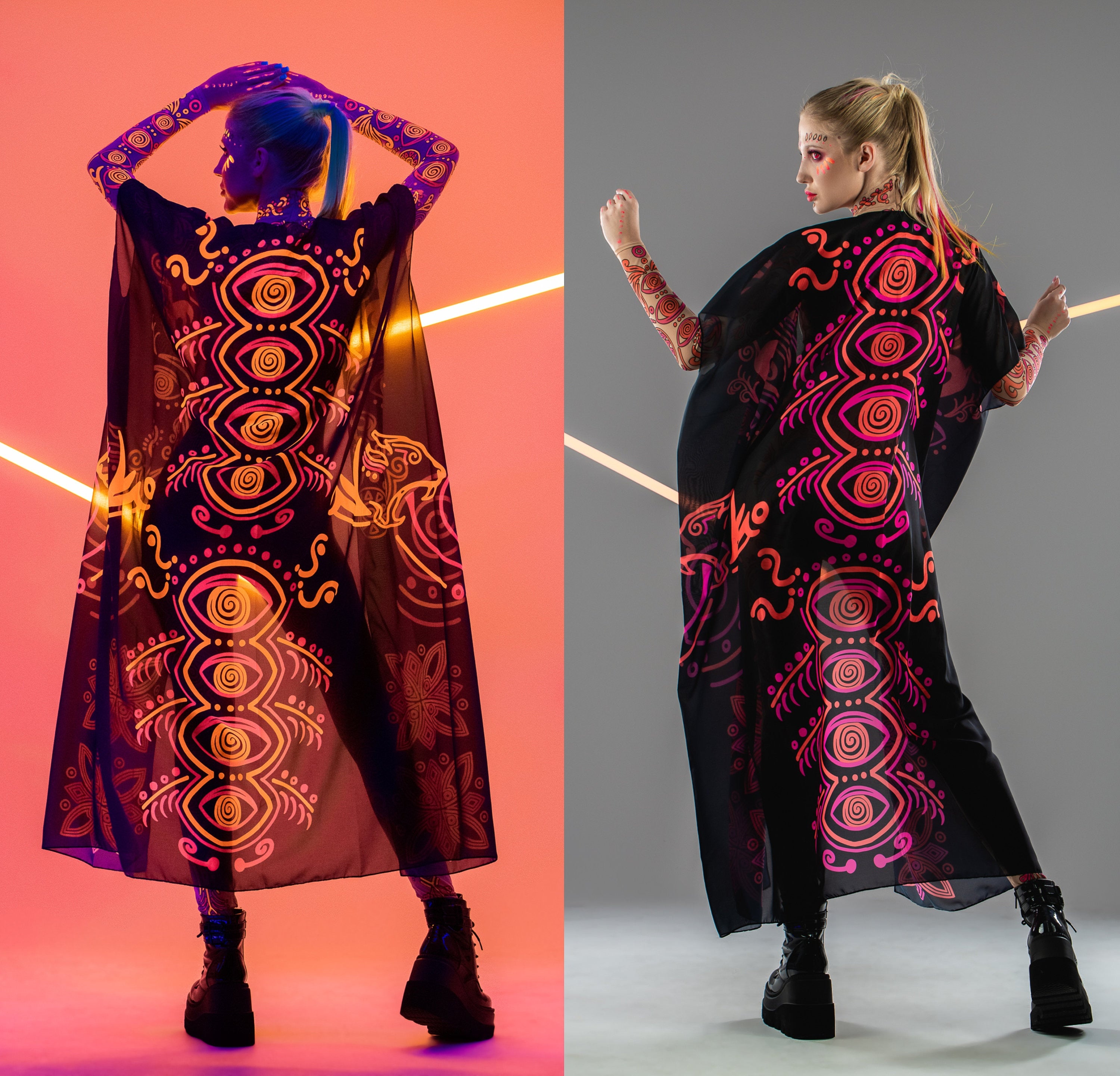 Back collage of chiffon kimono over DUAL NEON VIBE Tattoo Catsuit – regular and UV-glow views.