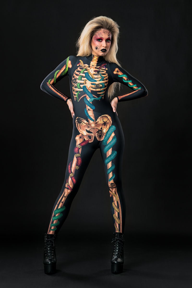 Snakes & Spiders Skeleton Halloween costume for women, featuring a full-body skeleton catsuit with snake and spider accents, perfect for Halloween or gothic-themed events.